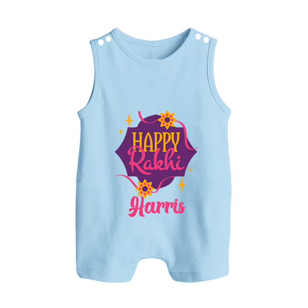 Custom Rakhi Rompersuit / Sleeveless Romper | Festive Baby Outfit for Happy Rakhi - BABY BLUE - 0 - 5 Months Old (Chest 18")