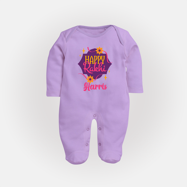 Custom Rakhi SleepSuit/ Full Sleeve Bodysuit | Festive Baby Outfit for Happy Rakhi - LILAC - New Born (Chest 7.5")
