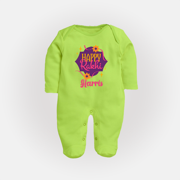 Custom Rakhi SleepSuit/ Full Sleeve Bodysuit | Festive Baby Outfit for Happy Rakhi - LIME GREEN - New Born (Chest 7.5")
