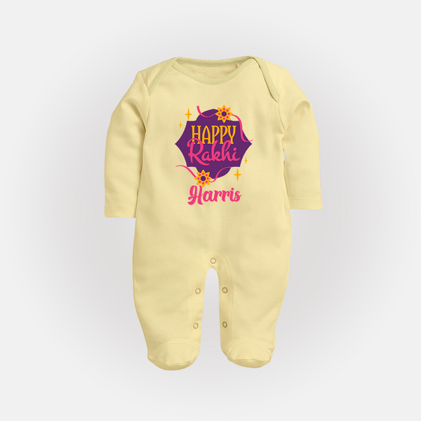 Custom Rakhi SleepSuit/ Full Sleeve Bodysuit | Festive Baby Outfit for Happy Rakhi - PASTEL YELLOW - New Born (Chest 7.5")