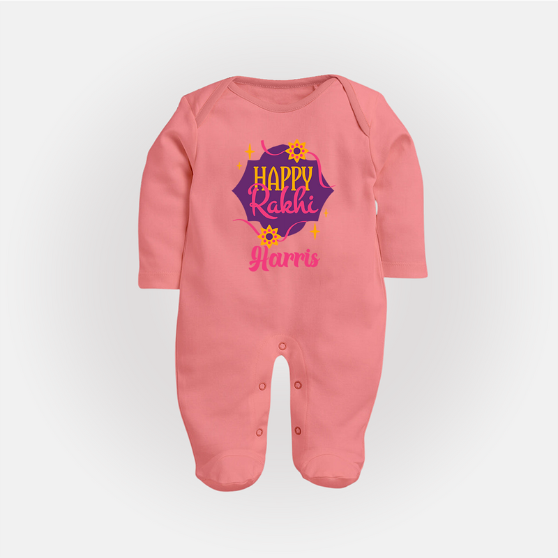 Custom Rakhi SleepSuit/ Full Sleeve Bodysuit | Festive Baby Outfit for Happy Rakhi - PEACH - New Born (Chest 7.5")