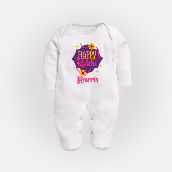 Custom Rakhi SleepSuit/ Full Sleeve Bodysuit | Festive Baby Outfit for Happy Rakhi - WHITE - New Born (Chest 7.5")