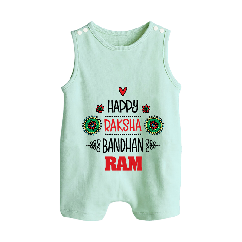Baby Rompersuit / Sleeveless Romper for Raksha Bandhan | Happy Rakhi Theme Wear - MINT GREEN - 0 - 5 Months Old (Chest 18")