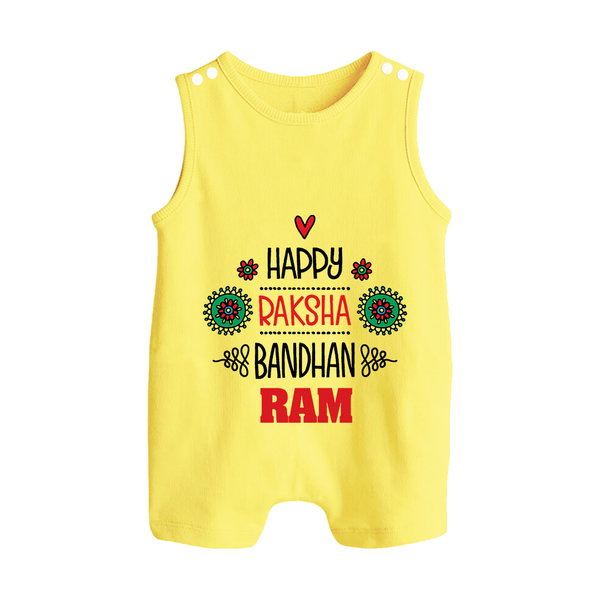 Baby Rompersuit / Sleeveless Romper for Raksha Bandhan | Happy Rakhi Theme Wear - PASTEL YELLOW - 0 - 5 Months Old (Chest 18")