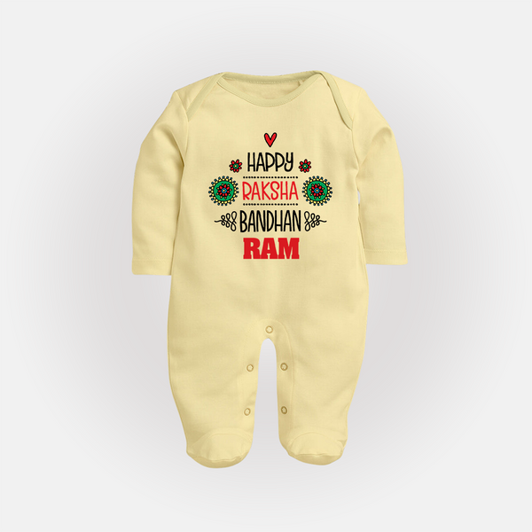 Baby SleepSuit/ Full Sleeve Bodysuit for Raksha Bandhan | Happy Rakhi Theme Wear - PASTEL YELLOW - New Born (Chest 7.5")
