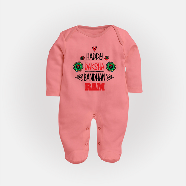 Baby SleepSuit/ Full Sleeve Bodysuit for Raksha Bandhan | Happy Rakhi Theme Wear - PEACH - New Born (Chest 7.5")