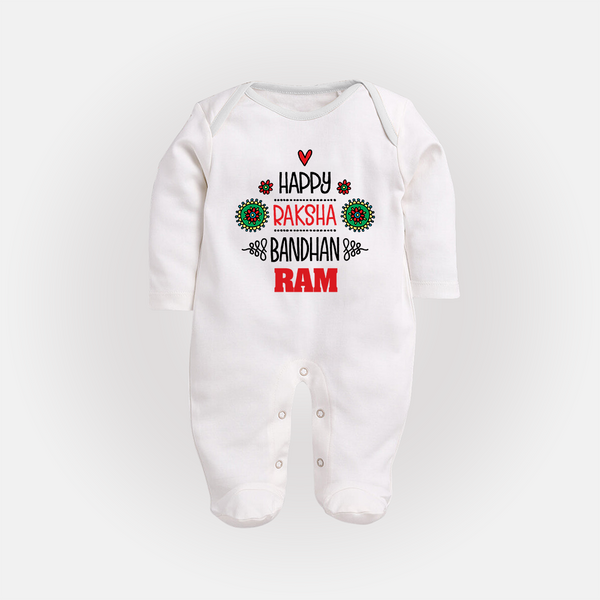 Baby SleepSuit/ Full Sleeve Bodysuit for Raksha Bandhan | Happy Rakhi Theme Wear - WHITE - New Born (Chest 7.5")