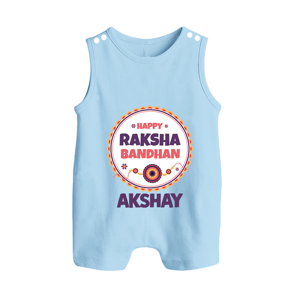 Rakhi Special Rompersuit / Sleeveless Romper | Happy Rakhi Design for Babies - BABY BLUE - 0 - 5 Months Old (Chest 18")