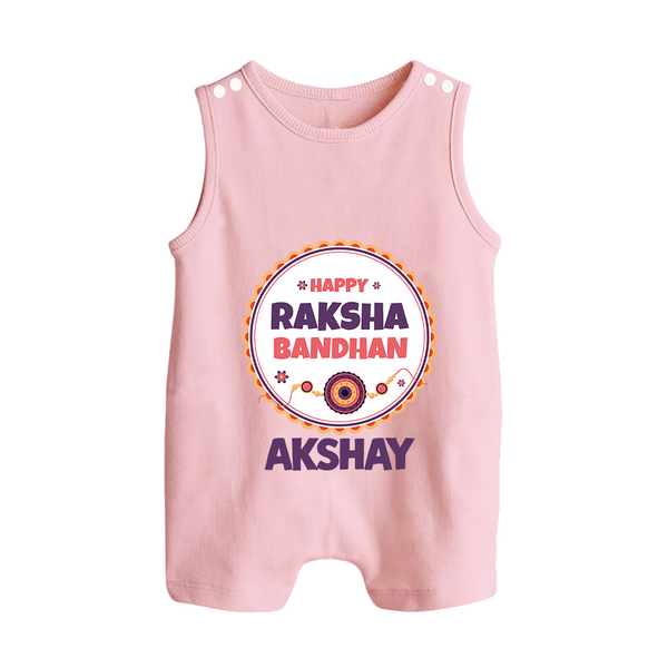 Rakhi Special Rompersuit / Sleeveless Romper | Happy Rakhi Design for Babies - BABY PINK - 0 - 5 Months Old (Chest 18")