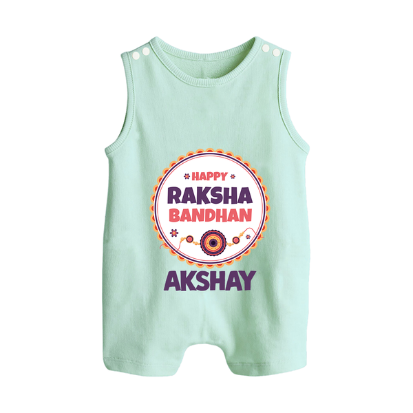 Rakhi Special Rompersuit / Sleeveless Romper | Happy Rakhi Design for Babies - MINT GREEN - 0 - 5 Months Old (Chest 18")