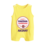 Rakhi Special Rompersuit / Sleeveless Romper | Happy Rakhi Design for Babies - PASTEL YELLOW - 0 - 5 Months Old (Chest 18")