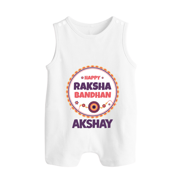 Rakhi Special Rompersuit / Sleeveless Romper | Happy Rakhi Design for Babies - WHITE - 0 - 5 Months Old (Chest 18")