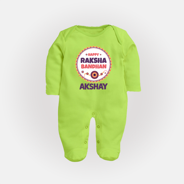 Rakhi Special SleepSuit/ Full Sleeve Bodysuit | Happy Rakhi Design for Babies - LIME GREEN - New Born (Chest 7.5")