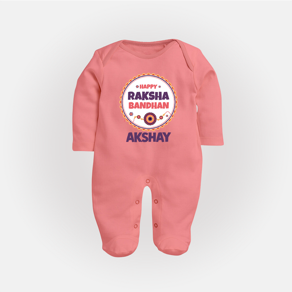 Rakhi Special SleepSuit/ Full Sleeve Bodysuit | Happy Rakhi Design for Babies - PEACH - New Born (Chest 7.5")