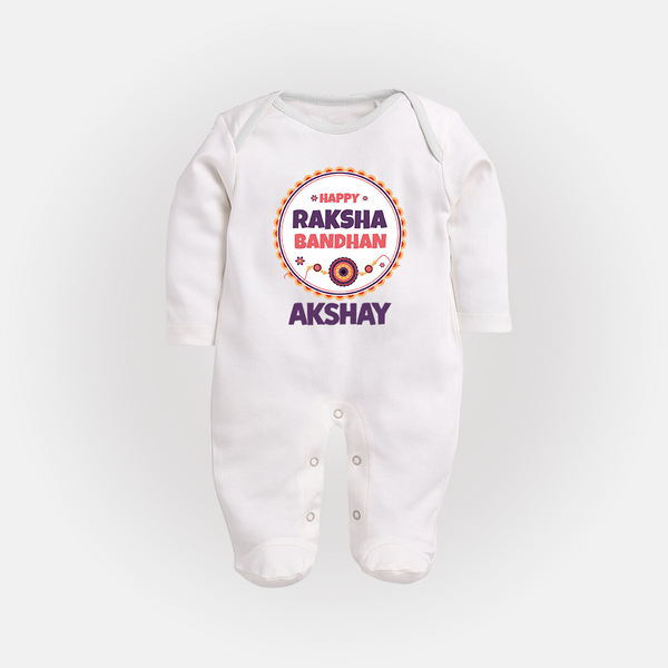 Rakhi Special SleepSuit/ Full Sleeve Bodysuit | Happy Rakhi Design for Babies - WHITE - New Born (Chest 7.5")