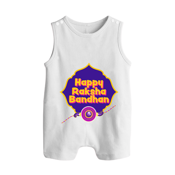 Happy Rakhi Outfit | Gentle Rompersuit / Sleeveless Romper for Baby Celebrations - WHITE - 0 - 5 Months Old (Chest 18")