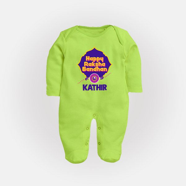 Happy Rakhi Outfit | Gentle SleepSuit/ Full Sleeve Bodysuit for Baby Celebrations - LIME GREEN - New Born (Chest 7.5")
