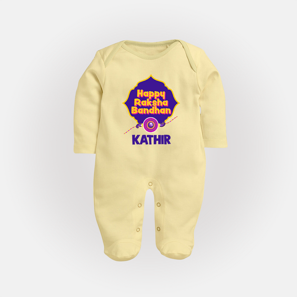 Happy Rakhi Outfit | Gentle SleepSuit/ Full Sleeve Bodysuit for Baby Celebrations - PASTEL YELLOW - New Born (Chest 7.5")