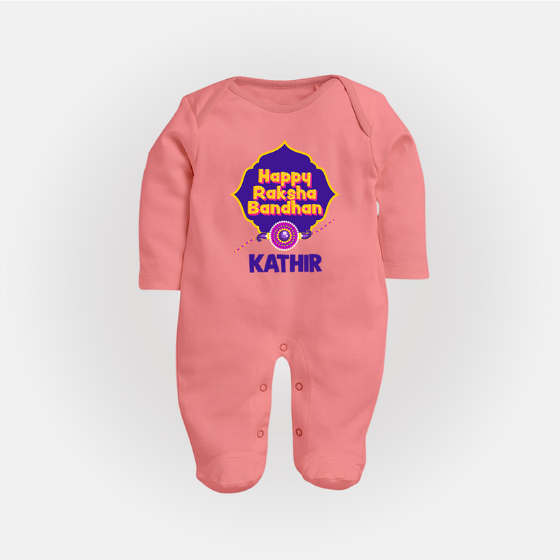 Happy Rakhi Outfit | Gentle SleepSuit/ Full Sleeve Bodysuit for Baby Celebrations - PEACH - New Born (Chest 7.5")