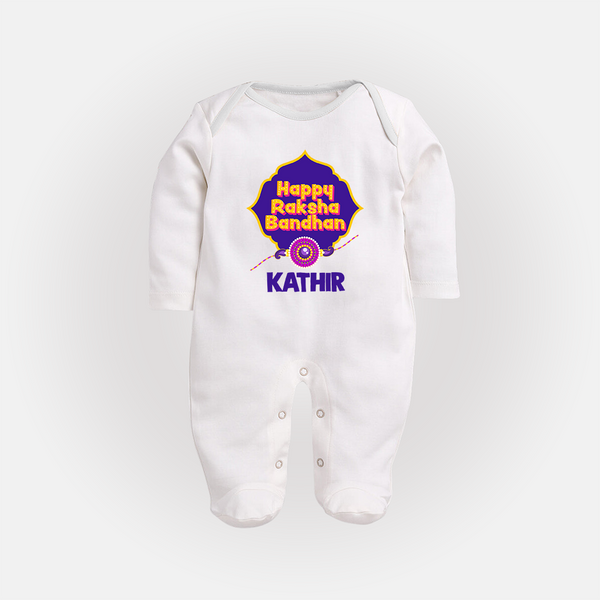 Happy Rakhi Outfit | Gentle SleepSuit/ Full Sleeve Bodysuit for Baby Celebrations - WHITE - New Born (Chest 7.5")