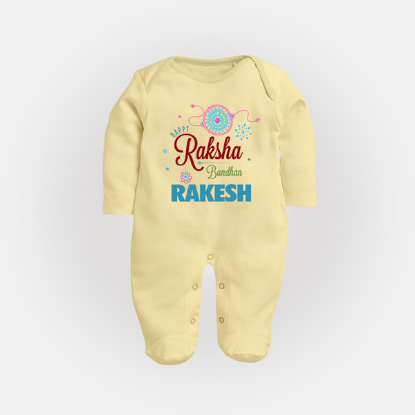 BabyÕs Raksha Bandhan SleepSuit/ Full Sleeve Bodysuit | Happy  Rakhi Theme Outfit - PASTEL YELLOW - New Born (Chest 7.5")