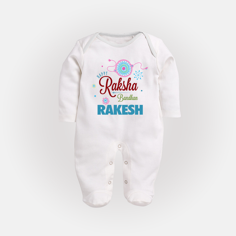 BabyÕs Raksha Bandhan SleepSuit/ Full Sleeve Bodysuit | Happy  Rakhi Theme Outfit - WHITE - New Born (Chest 7.5")
