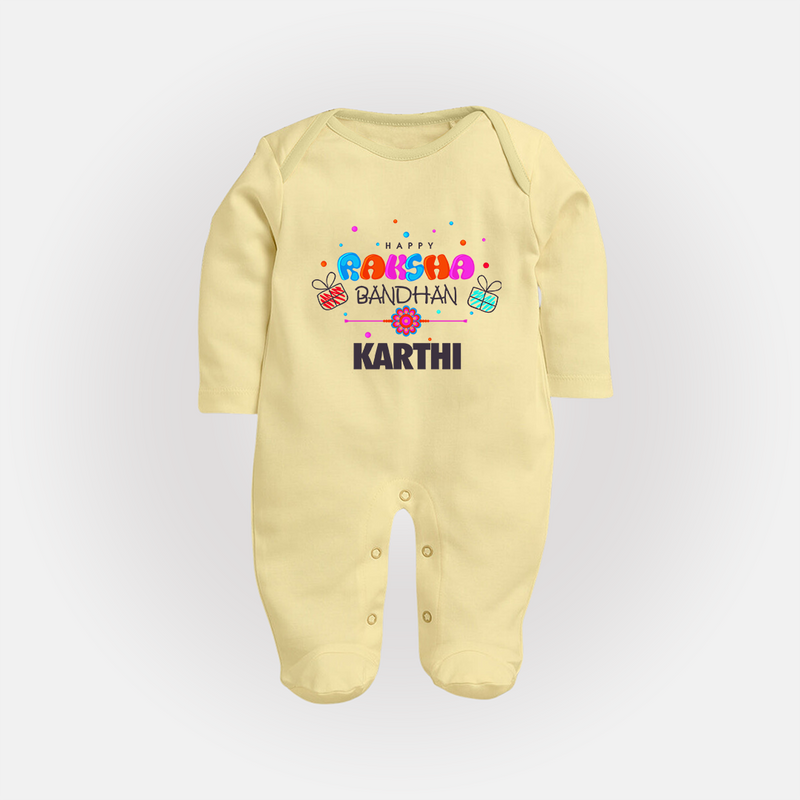 Festive Baby SleepSuit/ Full Sleeve Bodysuit | Happy Rakhi Edition - PASTEL YELLOW - New Born (Chest 7.5")