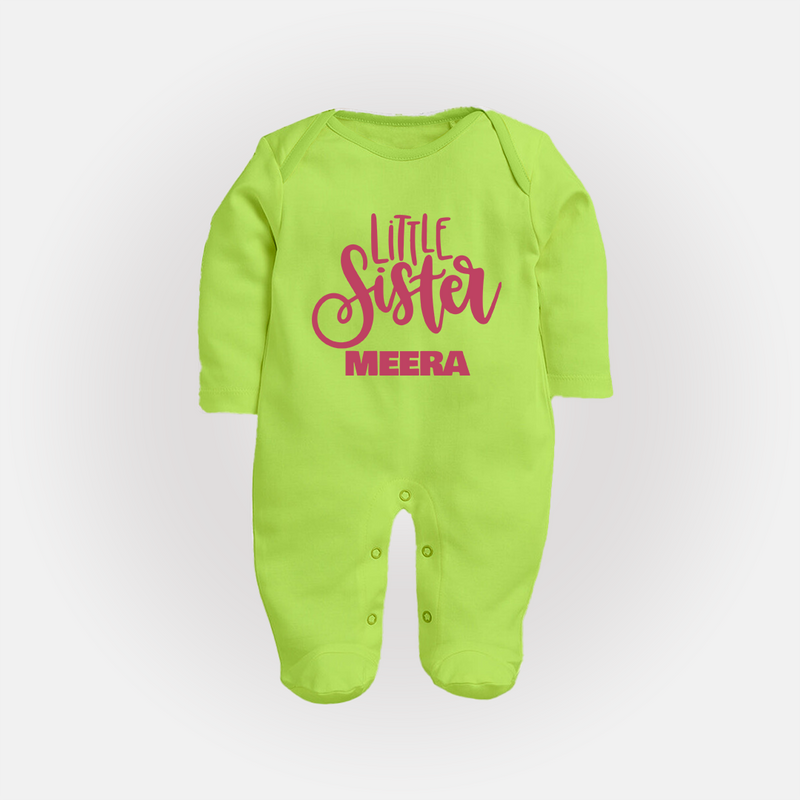 Little Sister Sleep suit/full sleeve body suit | Personalized Baby Sleep suit/full sleeve body suit for Your Little Princess - LIME GREEN - New Born (Chest 7.5")