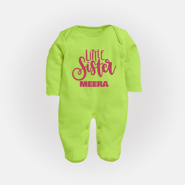 Little Sister Sleep suit/full sleeve body suit | Personalized Baby Sleep suit/full sleeve body suit for Your Little Princess - LIME GREEN - New Born (Chest 7.5")