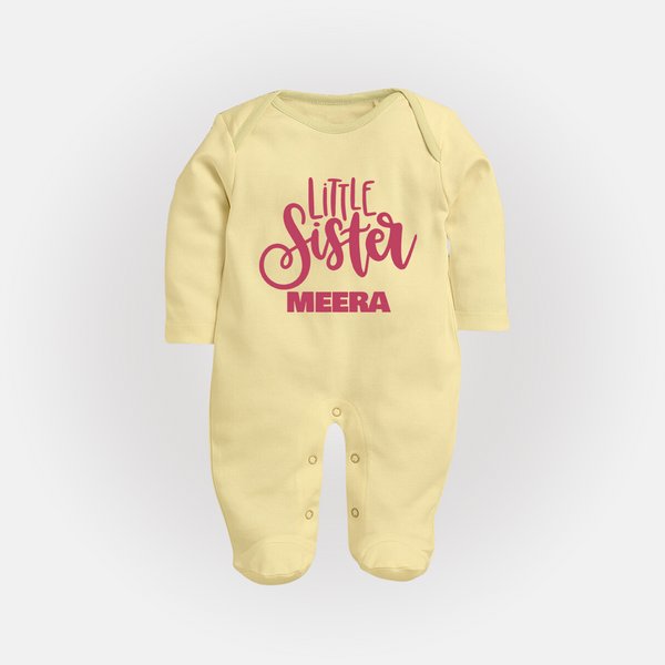 Little Sister Sleep suit/full sleeve body suit | Personalized Baby Sleep suit/full sleeve body suit for Your Little Princess - PASTEL YELLOW - New Born (Chest 7.5")