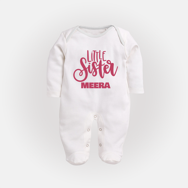 Little Sister Sleep suit/full sleeve body suit | Personalized Baby Sleep suit/full sleeve body suit for Your Little Princess - WHITE - New Born (Chest 7.5")