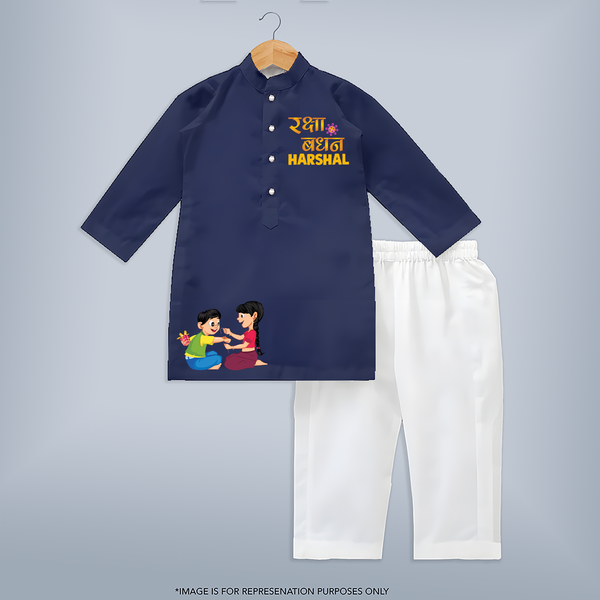 Made for Rakhi Moments | Baby Kurta Set with Custom Name Design - NAVY BLUE - 3 - 6 Months Old (Chest 24", Kurta Length 14'', Waist 19", Pant Length 14")
