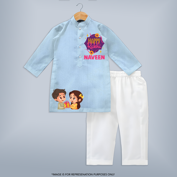 Raksha Bandhan Cotton Kurta Set | Unique Outfit with Baby's Name - BABY BLUE - 3 - 6 Months Old (Chest 24", Kurta Length 14'', Waist 19", Pant Length 14")