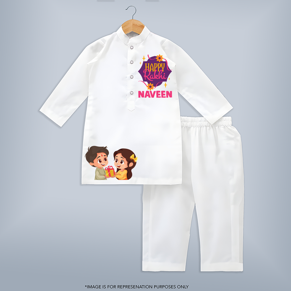 Raksha Bandhan Cotton Kurta Set | Unique Outfit with Baby's Name - WHITE - 3 - 6 Months Old (Chest 24", Kurta Length 14'', Waist 19", Pant Length 14")