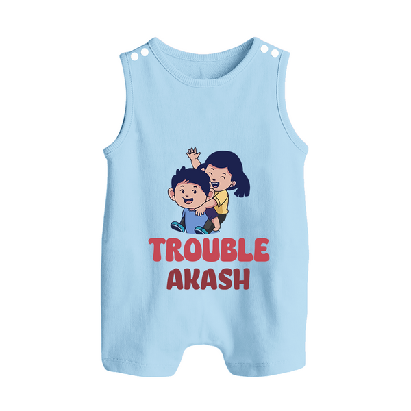 Trouble Romper suit/sleeveless romper | Personalized Baby Romper suit/sleeveless romper for the Little Troublemaker - BABY BLUE - 0 - 5 Months Old (Chest 18")