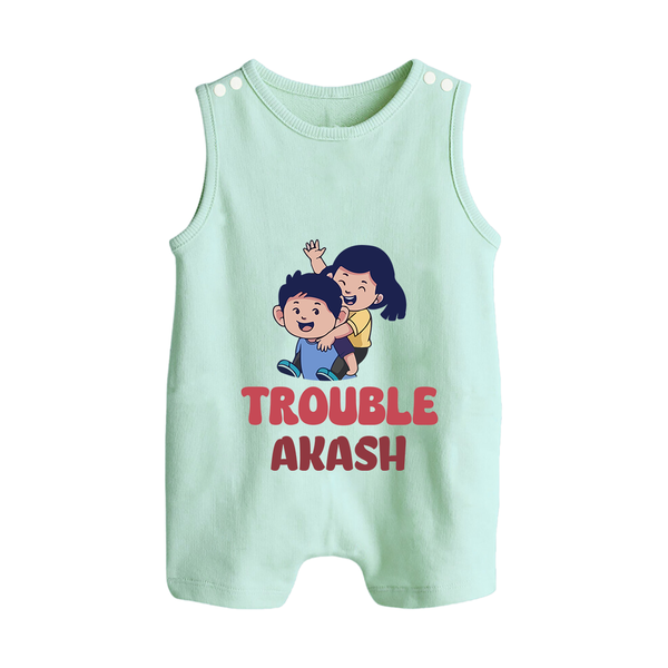 Trouble Romper suit/sleeveless romper | Personalized Baby Romper suit/sleeveless romper for the Little Troublemaker - MINT GREEN - 0 - 5 Months Old (Chest 18")