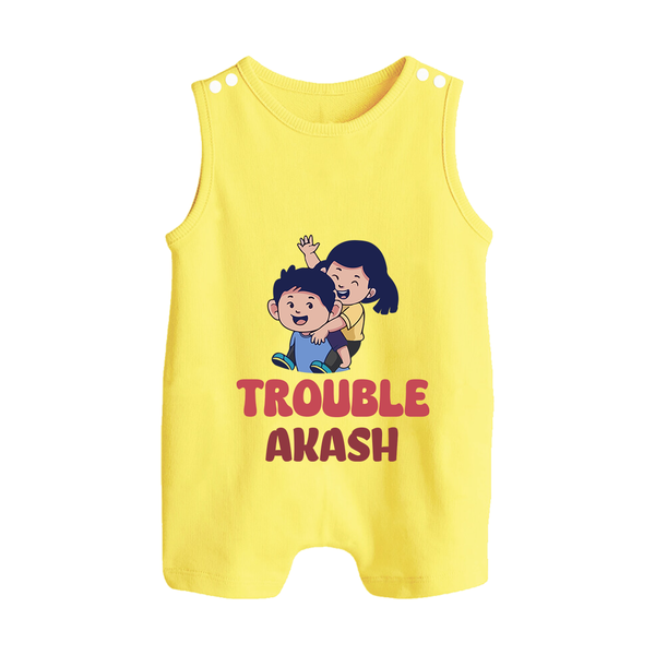 Trouble Romper suit/sleeveless romper | Personalized Baby Romper suit/sleeveless romper for the Little Troublemaker - PASTEL YELLOW - 0 - 5 Months Old (Chest 18")
