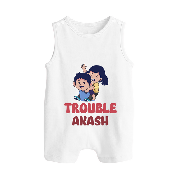 Trouble Romper suit/sleeveless romper | Personalized Baby Romper suit/sleeveless romper for the Little Troublemaker - WHITE - 0 - 5 Months Old (Chest 18")