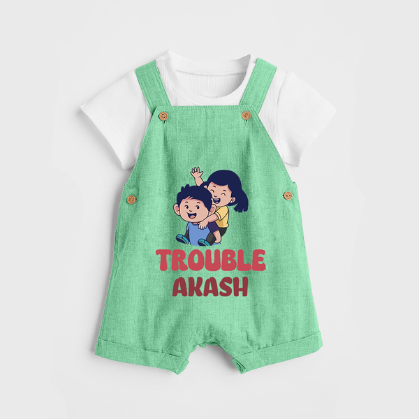 Trouble Dungaree Set | Personalized Baby Dungaree Set for the Little Troublemaker - GREEN - 0 - 5 Months Old (Chest 18")