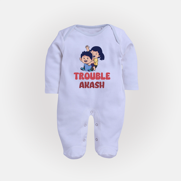 Trouble Sleep suit/full sleeve body suit | Personalized Baby Sleep suit/full sleeve body suit for the Little Troublemaker - BABY BLUE - New Born (Chest 7.5")