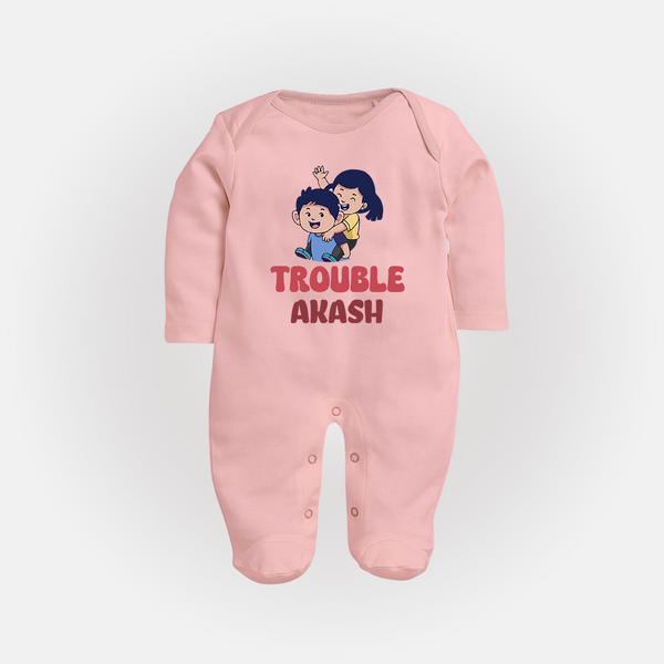 Trouble Sleep suit/full sleeve body suit | Personalized Baby Sleep suit/full sleeve body suit for the Little Troublemaker - BABY PINK - New Born (Chest 7.5")