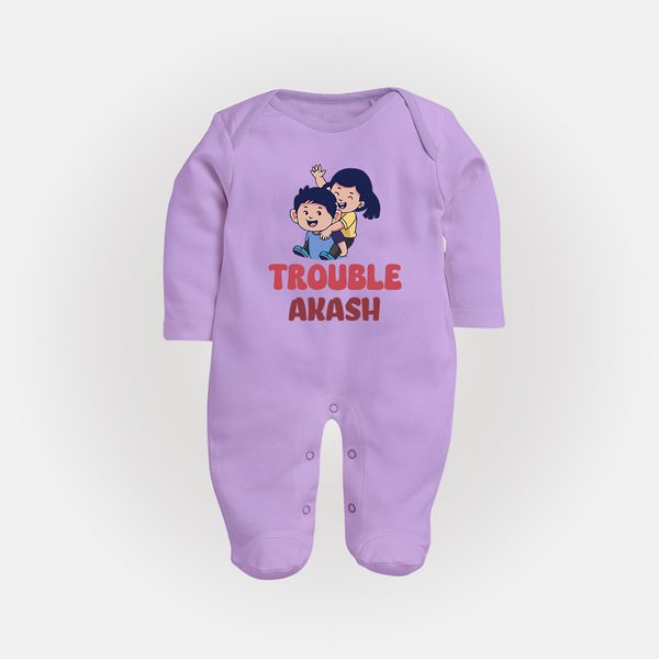 Trouble Sleep suit/full sleeve body suit | Personalized Baby Sleep suit/full sleeve body suit for the Little Troublemaker - LILAC - New Born (Chest 7.5")