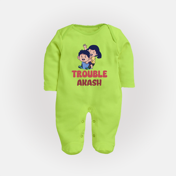 Trouble Sleep suit/full sleeve body suit | Personalized Baby Sleep suit/full sleeve body suit for the Little Troublemaker - LIME GREEN - New Born (Chest 7.5")