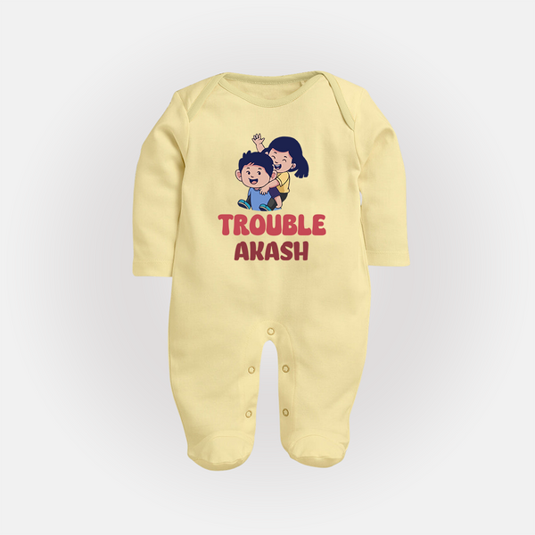 Trouble Sleep suit/full sleeve body suit | Personalized Baby Sleep suit/full sleeve body suit for the Little Troublemaker - PASTEL YELLOW - New Born (Chest 7.5")