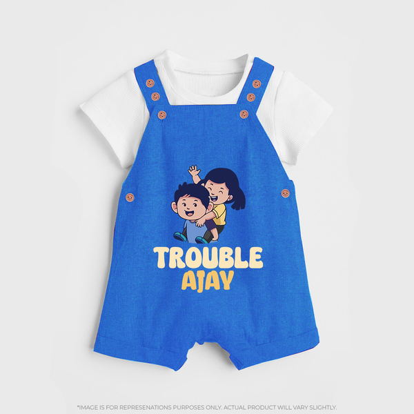 Trouble Dungaree Set | Personalized Baby Dungaree Set for the Little Troublemaker - COBALT BLUE - 0 - 5 Months Old (Chest 18")