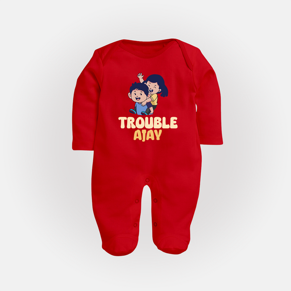 Trouble Sleep suit/full sleeve body suit | Personalized Baby Sleep suit/full sleeve body suit for the Little Troublemaker - RED - New Born (Chest 7.5")