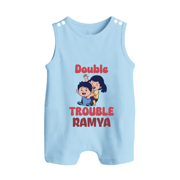 Double Trouble Romper suit/sleeveless romper | Custom Baby Romper suit/sleeveless romper for Sibling Fun - BABY BLUE - 0 - 5 Months Old (Chest 18")