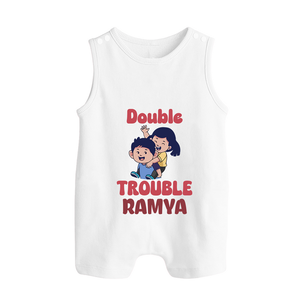 Double Trouble Romper suit/sleeveless romper | Custom Baby Romper suit/sleeveless romper for Sibling Fun - WHITE - 0 - 5 Months Old (Chest 18")