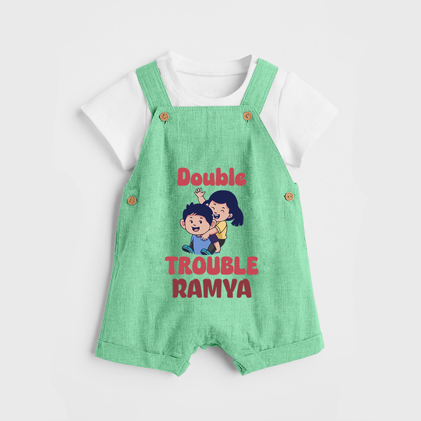 Double Trouble Dungaree Set | Custom Baby Dungaree Set for Sibling Fun - GREEN - 0 - 5 Months Old (Chest 18")