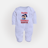 Double Trouble Sleep suit/full sleeve body suit | Custom Baby Sleep suit/full sleeve body suit for Sibling Fun - BABY BLUE - New Born (Chest 7.5")